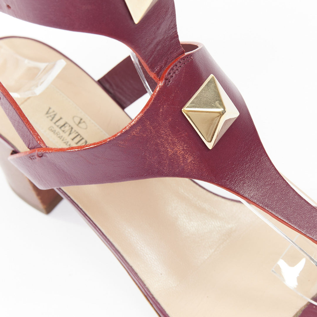 VALENTINO Rockstud dark red leather tstrap Roman Stud block heel sandals EU37.5