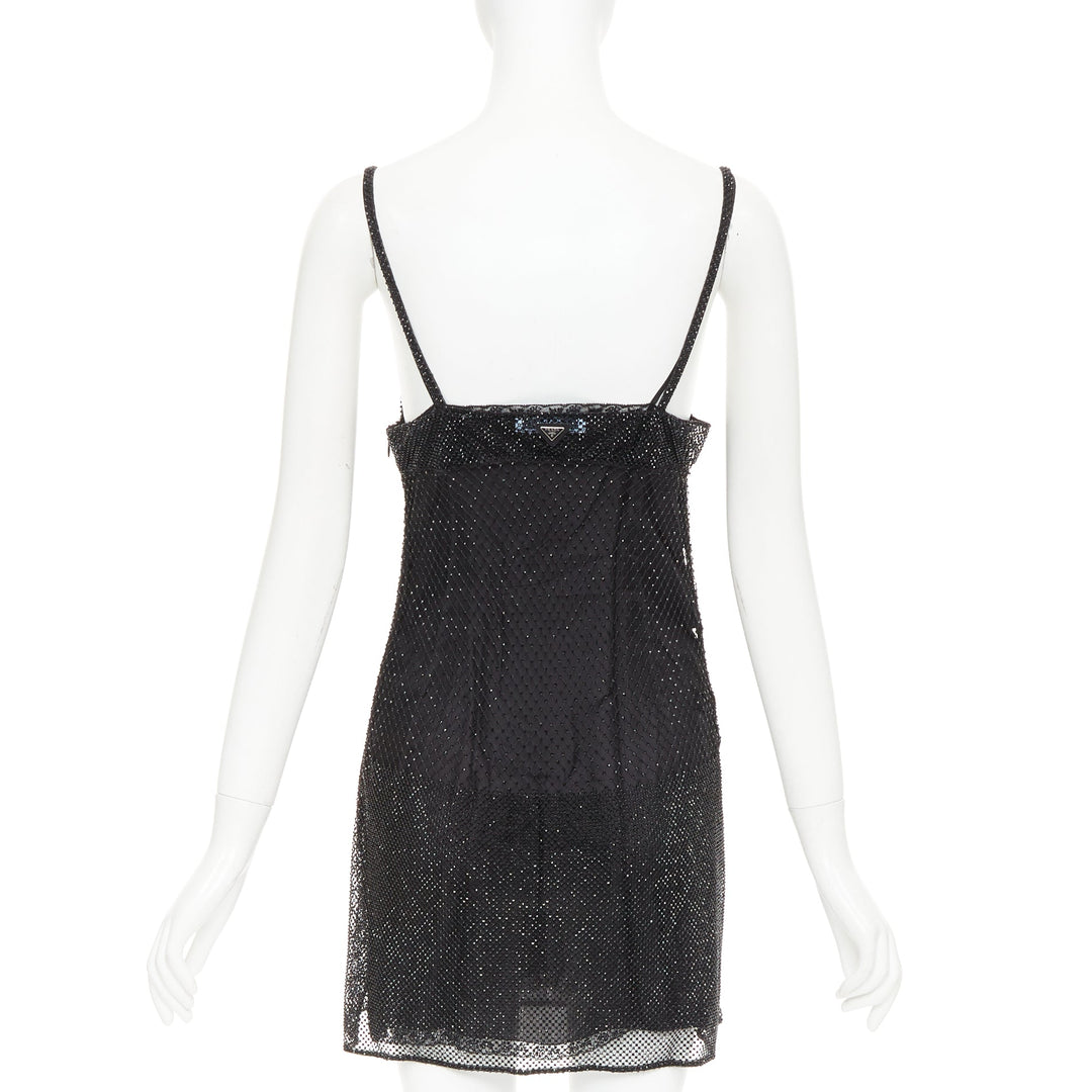 PRADA 2022 black rhinestone crystal degrade embellished mini slip dress IT40 S