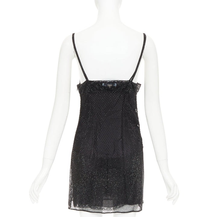 PRADA 2022 black rhinestone crystal degrade embellished mini slip dress IT40 S