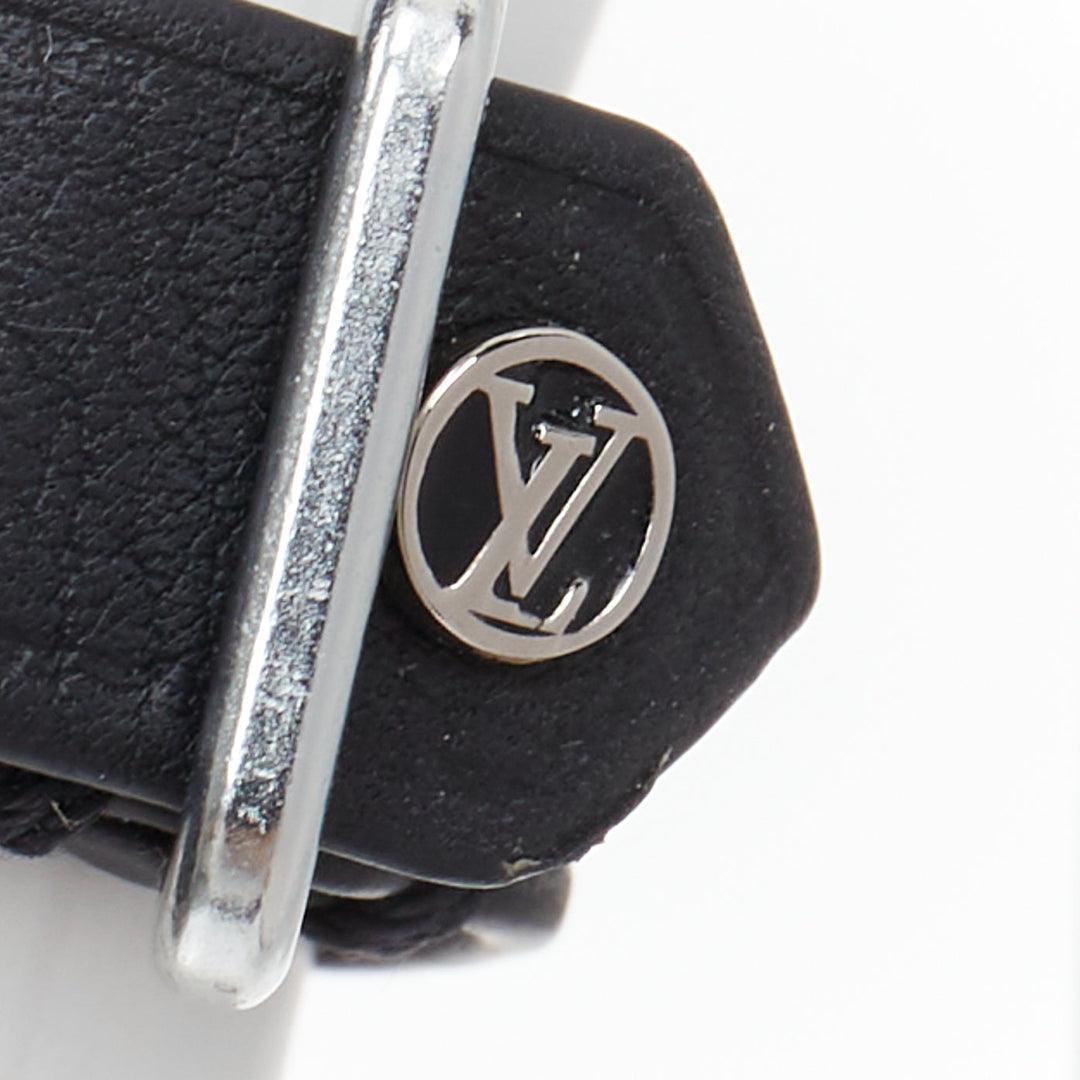 LOUIS VUITTON black soft leather silver LV logo buckle ring