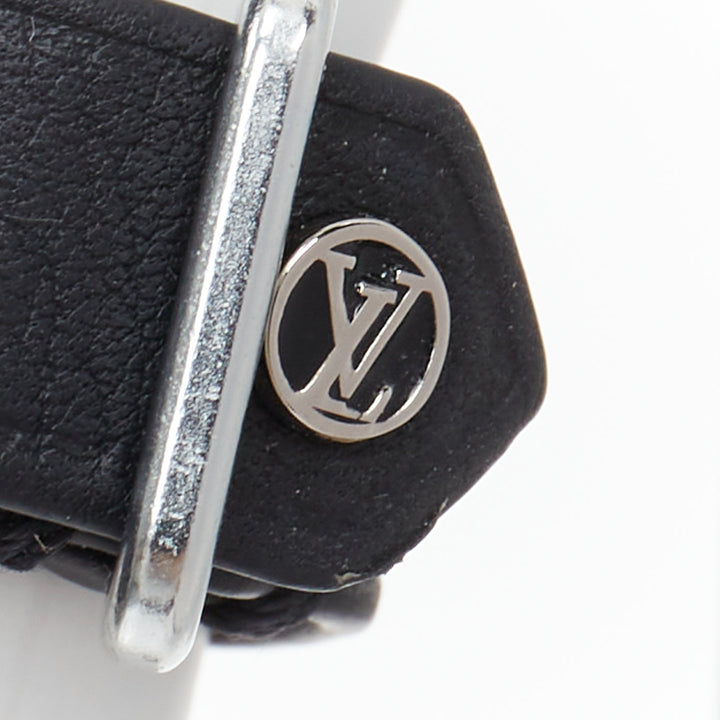LOUIS VUITTON black soft leather silver LV logo buckle ring