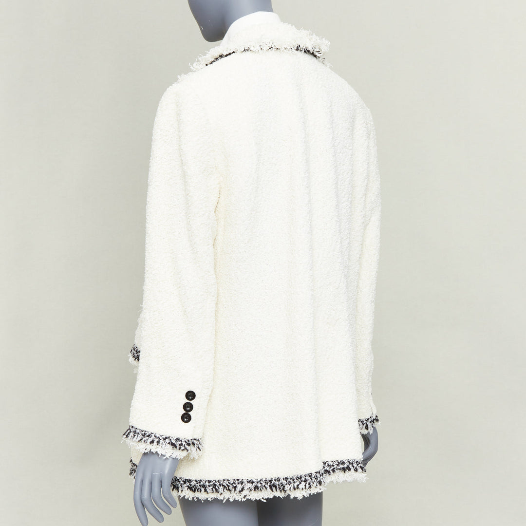 SACAI 2023 Runway double breasted tweed fringed off white winter outerwear JP1 S