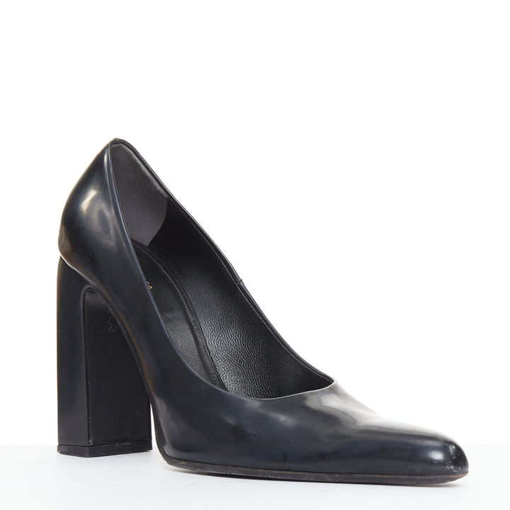 BALENCIAGA black calfskin leather elongated toe box block heel pump EU37