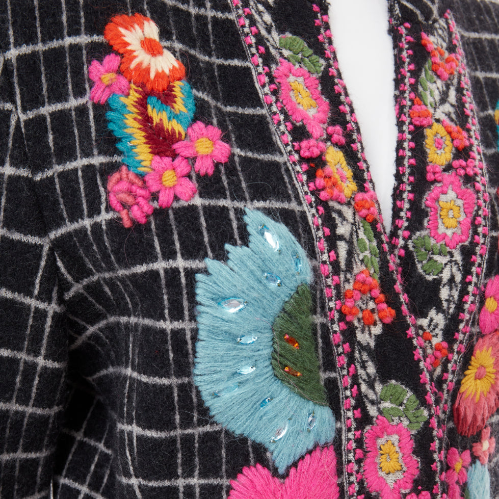 KENZO 2008 Vintage black white grid check wool floral embroidered jacket L