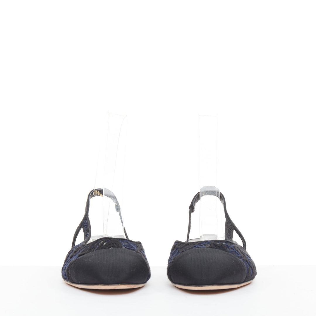 CHANEL navy black lace silver CC logo lace grosgrain slingback ballet flat