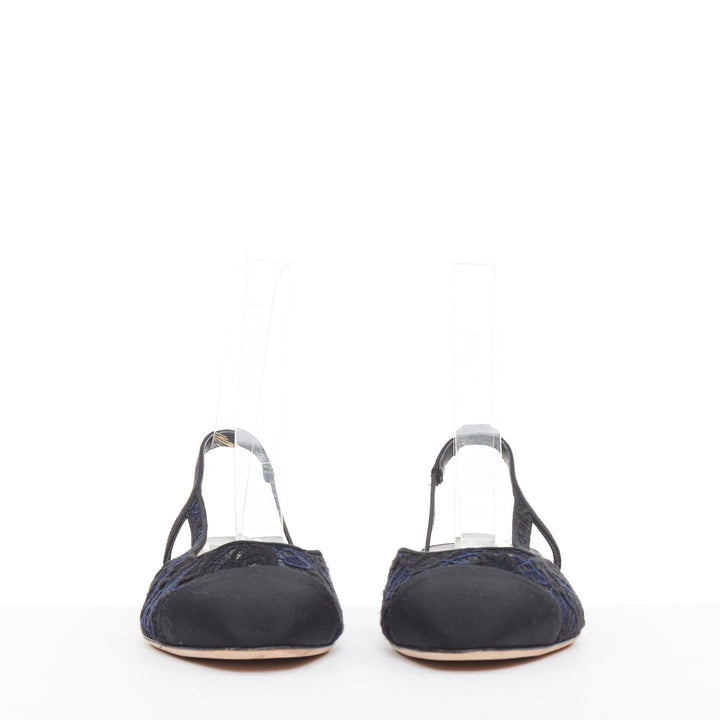 CHANEL navy black lace silver CC logo lace grosgrain slingback ballet flat