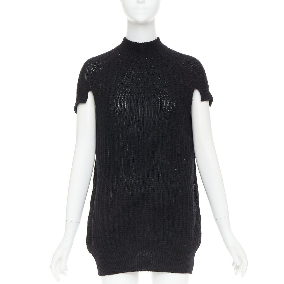PRADA 100% cashmere black ribbed mock neck cap sleeve sweater vest IT36 XXS