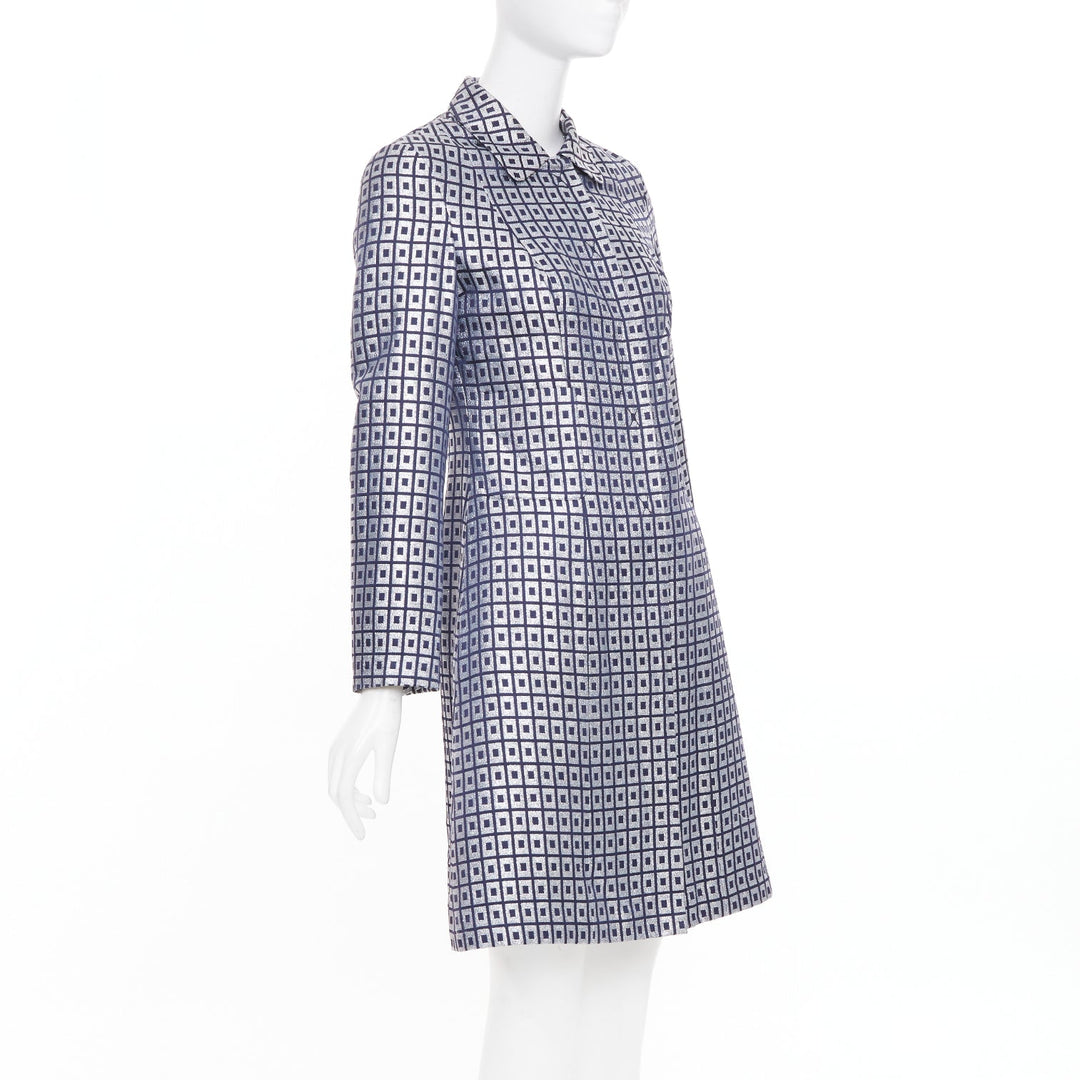 TORY BURCH navy silver metallic cotton blend brocade collared long coat US4 S