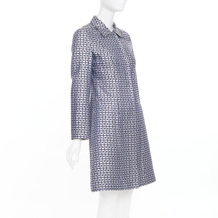 TORY BURCH navy silver metallic cotton blend brocade collared long coat US4 S