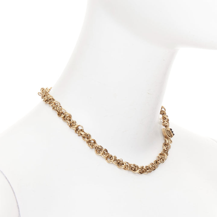 CHANEL 11A aged gold  braided multi link black crystal CC short necklace