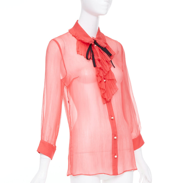 GUCCI coral red sheer chiffon GG pearl black pussybow ruffle blouse IT42 M