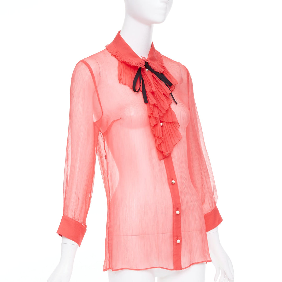 GUCCI coral red sheer chiffon GG pearl black pussybow ruffle blouse IT42 M