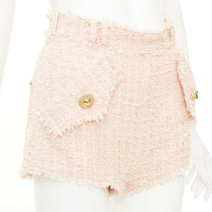 BALMAIN 2024 pink fringe lion head button high waist boucle tweed shorts FR34 XS