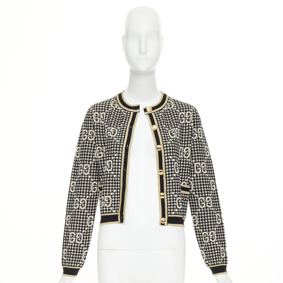 GUCCI 2019 GG Diamond black gold wool blend metallic web cropped cardigan XS