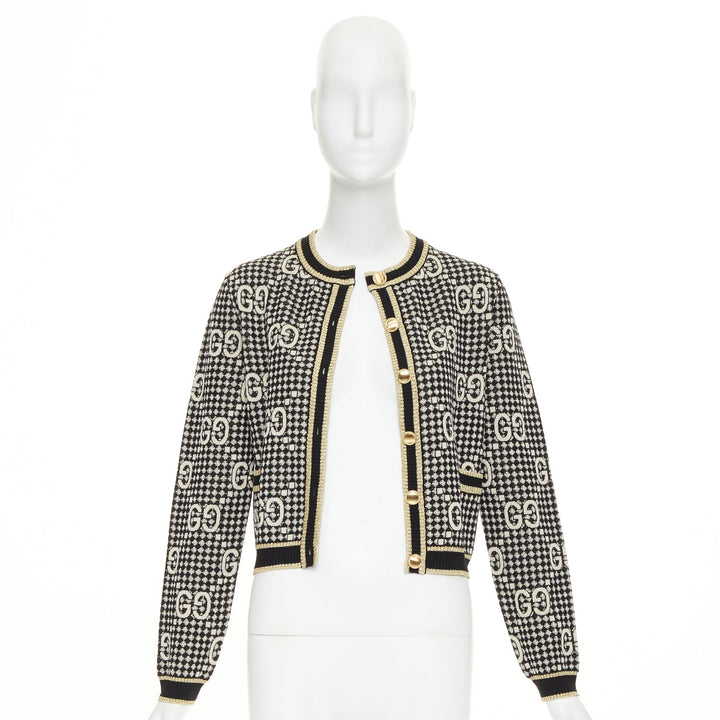 GUCCI 2019 GG Diamond black gold wool blend metallic web cropped cardigan XS