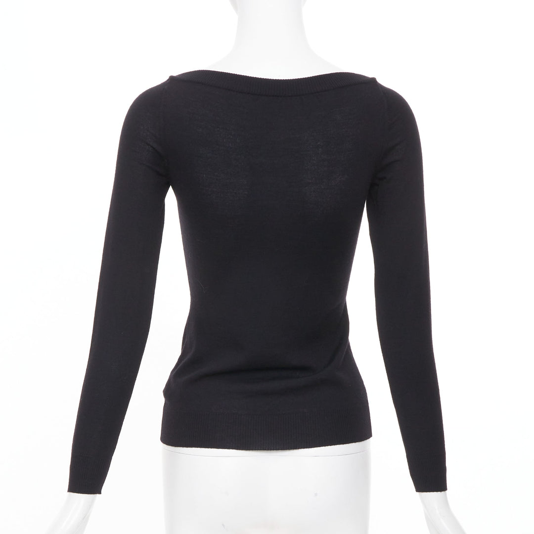 ALAIA fine knit semi sheer black virgin wool boat neck top FR36 S