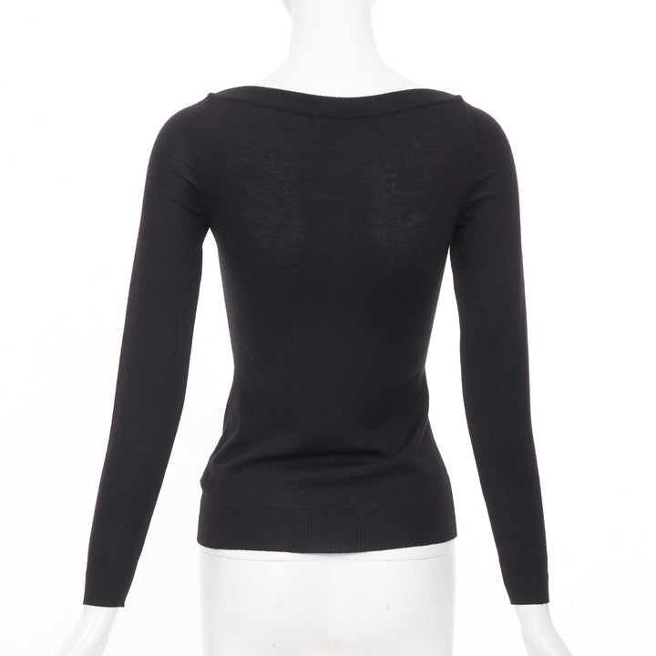 ALAIA fine knit semi sheer black virgin wool boat neck top FR36 S