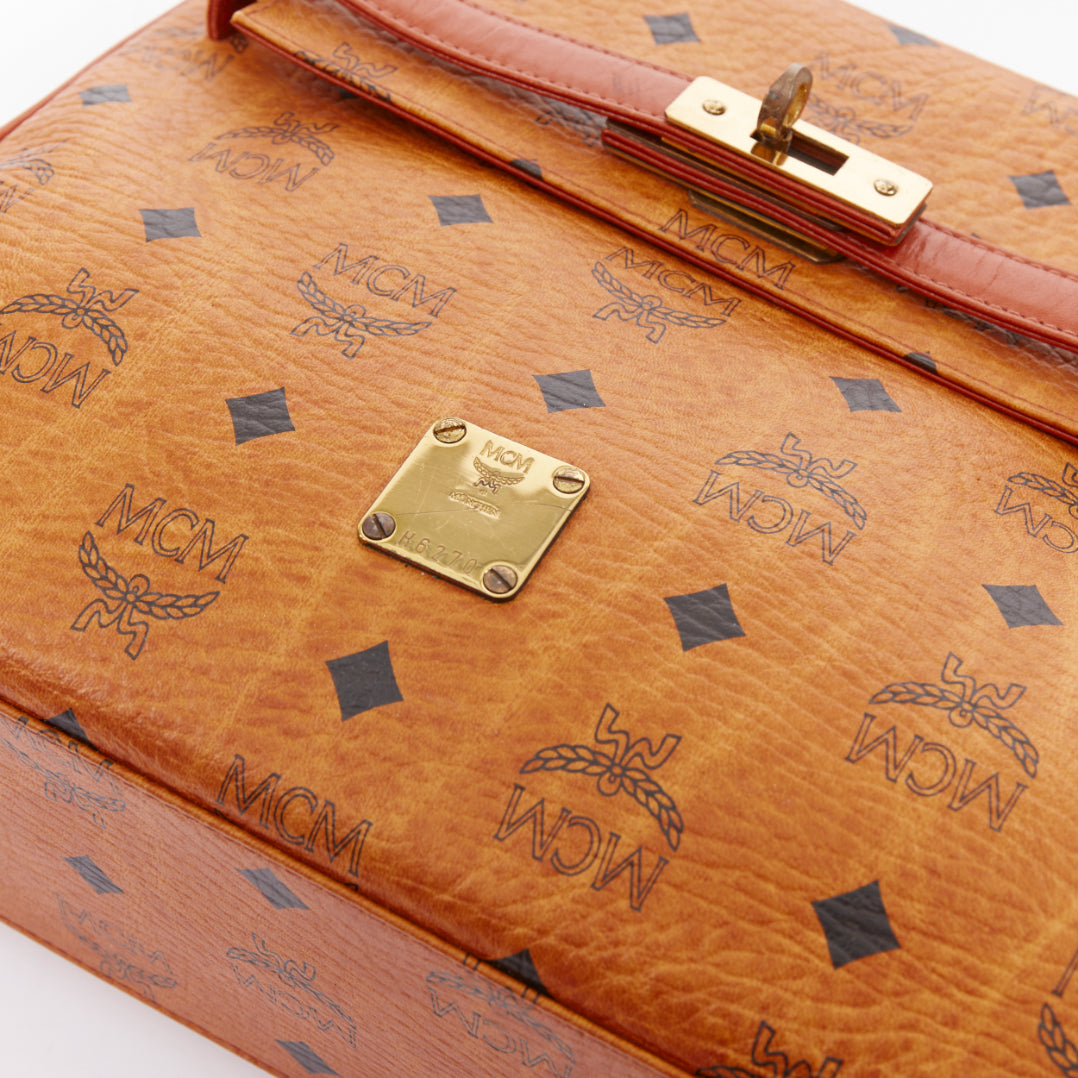 MCM Vintage Kelly cognac brown Visetos monogram GHW turnlock top handle handbag
