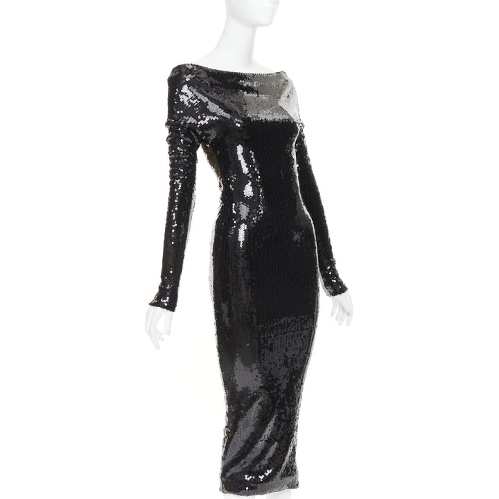 ALEXANDRE VAUTHIER SS2023 Runway black sequinned off shoulder stretch midi dress