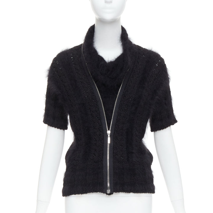 CHANEL 08A black fluffy angora blend CC zip layered sweater FR36 S