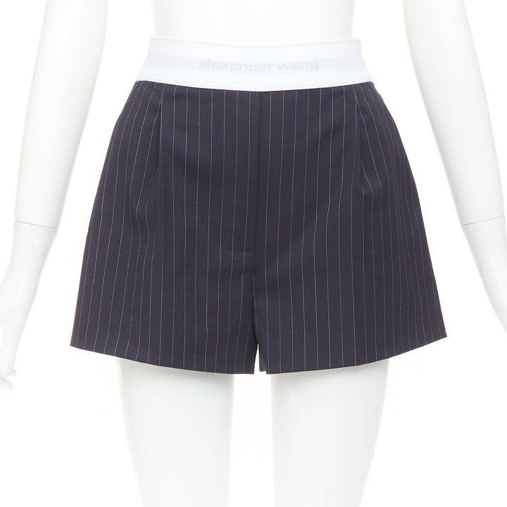 ALEXANDER WANG navy pinstripe white grey logo waistband shorts US0 XS