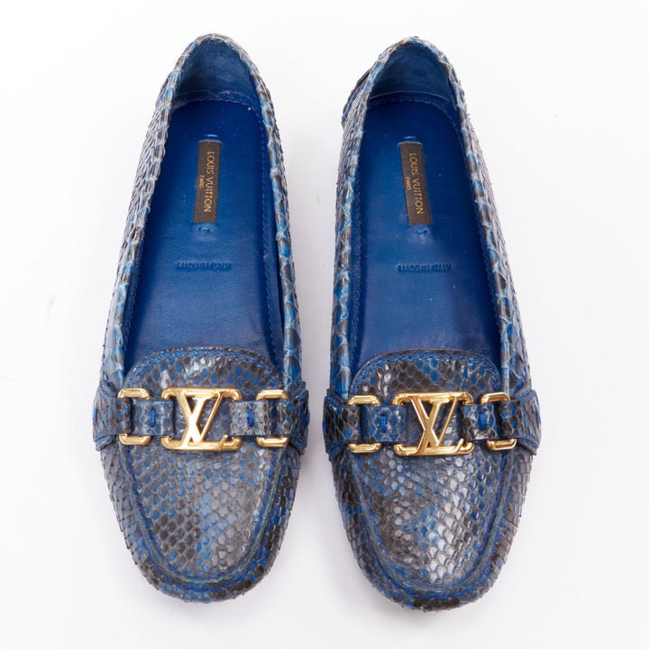 LOUIS VUITTON Dauphine blue polished snake leather gold LV logo loafers EU37