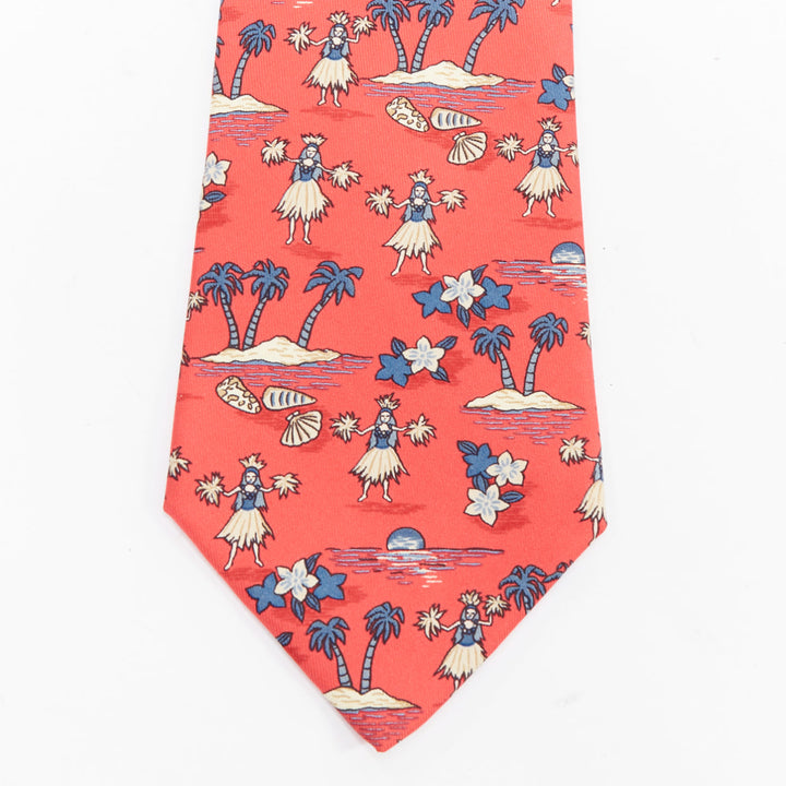 HERMES 7554 SA red blue Hawaiian hula girl fauna print silk tie