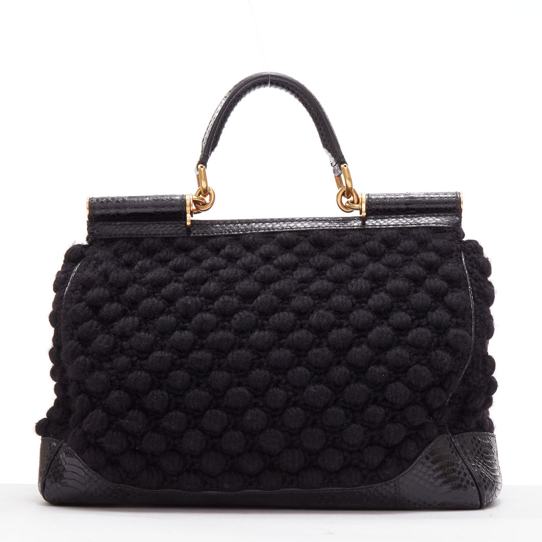 DOLCE GABBANA Miss Sicily black crochet scaled leather trim top handle bag