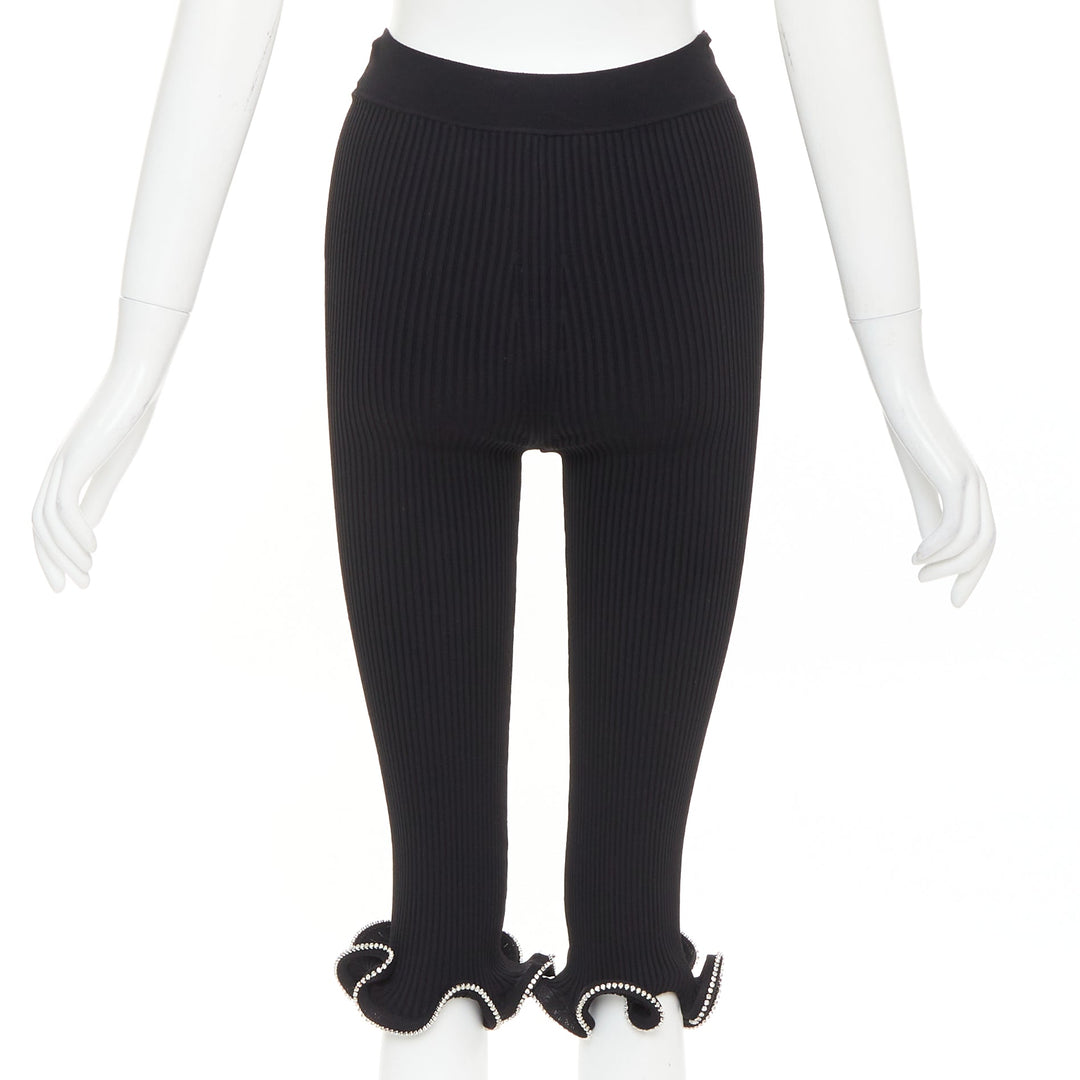 ALEXANDRE VAUTHIER black ribbed knit crystal embellished ruffle hem knee shorts