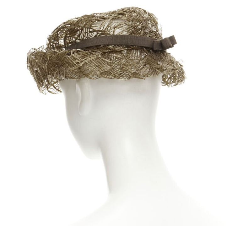 vintage LAURENCE PARIS brown straw raffia woven bow grosgrain boater hat