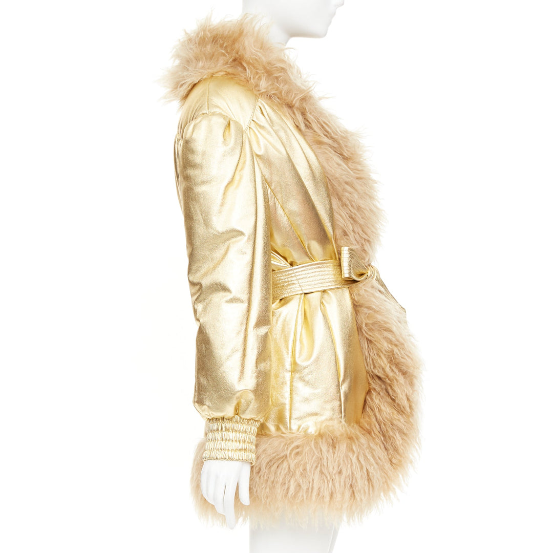 MIU MIU 2019 gold lambskin brown mohair shaggy fur collar robe coat IT36 XXS