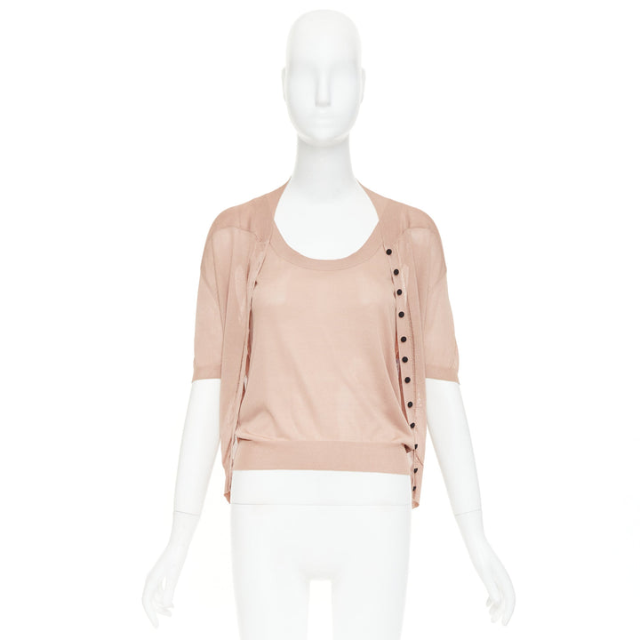 NINA RICCI beige pink 100% silk black button scoop neck cardigan vest set S