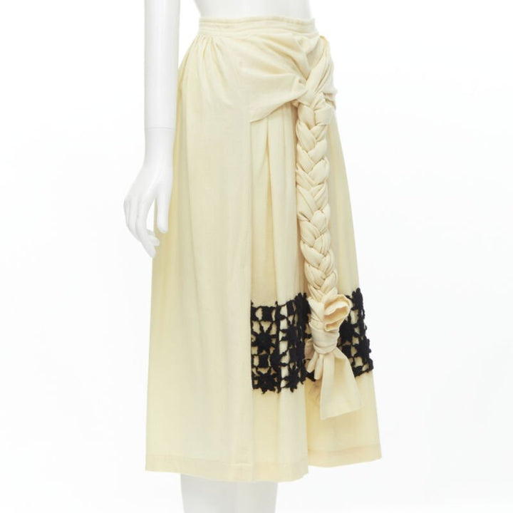 COMME DES GARCONS Vintage 1988 cream wool braid black lattice embroidery skirt M