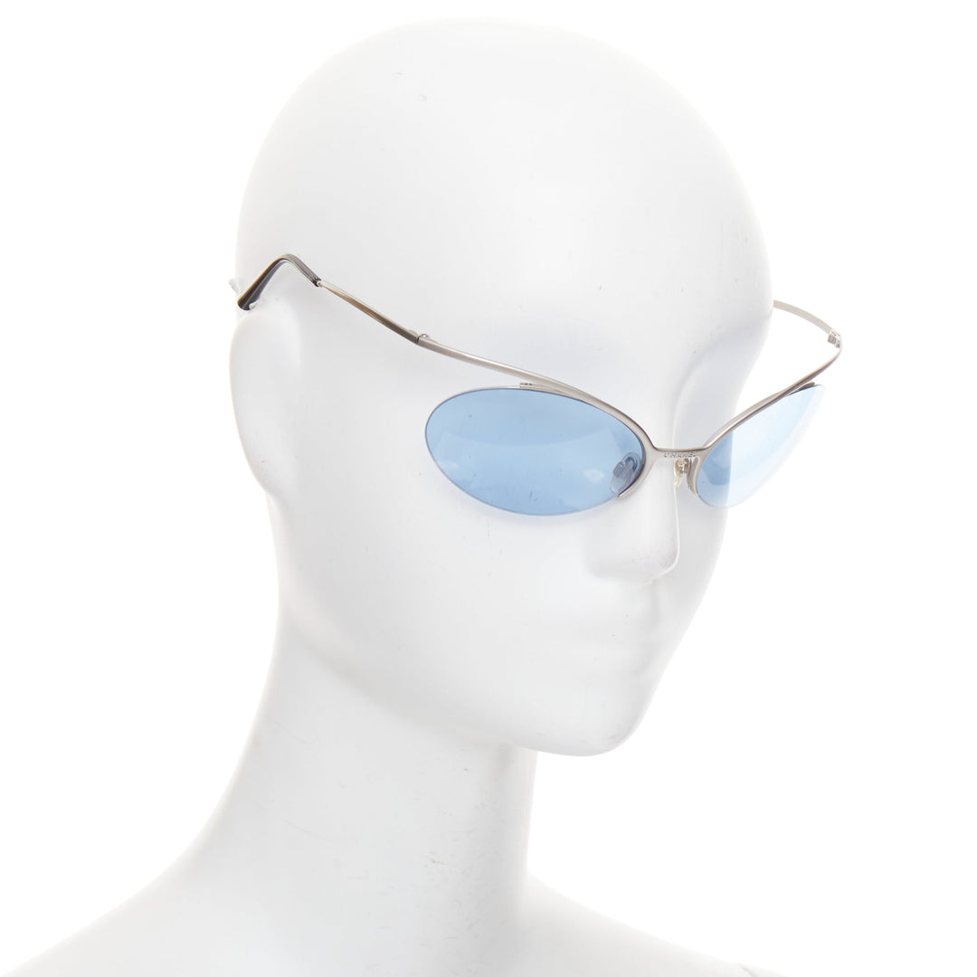 CHANEL Vintage 2000 Runway silver blue metal futuristic rimless sunglasses