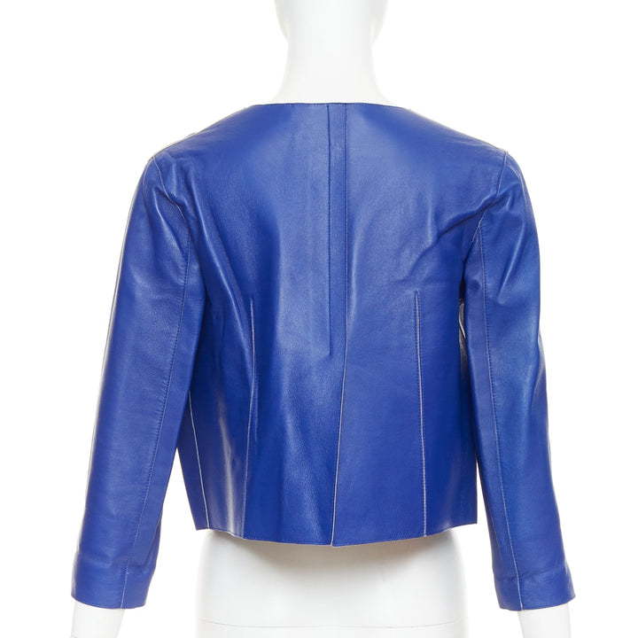 MARNI cobalt blue beige lined lamb leather rounded sleeve cropped jacket IT38 XS
