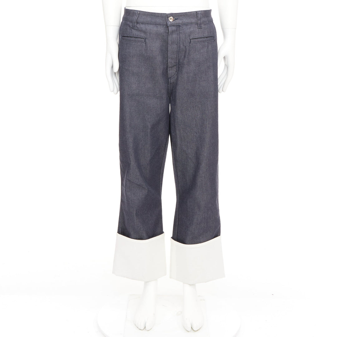 LOEWE 2018 Runway blue denim contrast white cuff turn up fisherman jeans IT50 L
