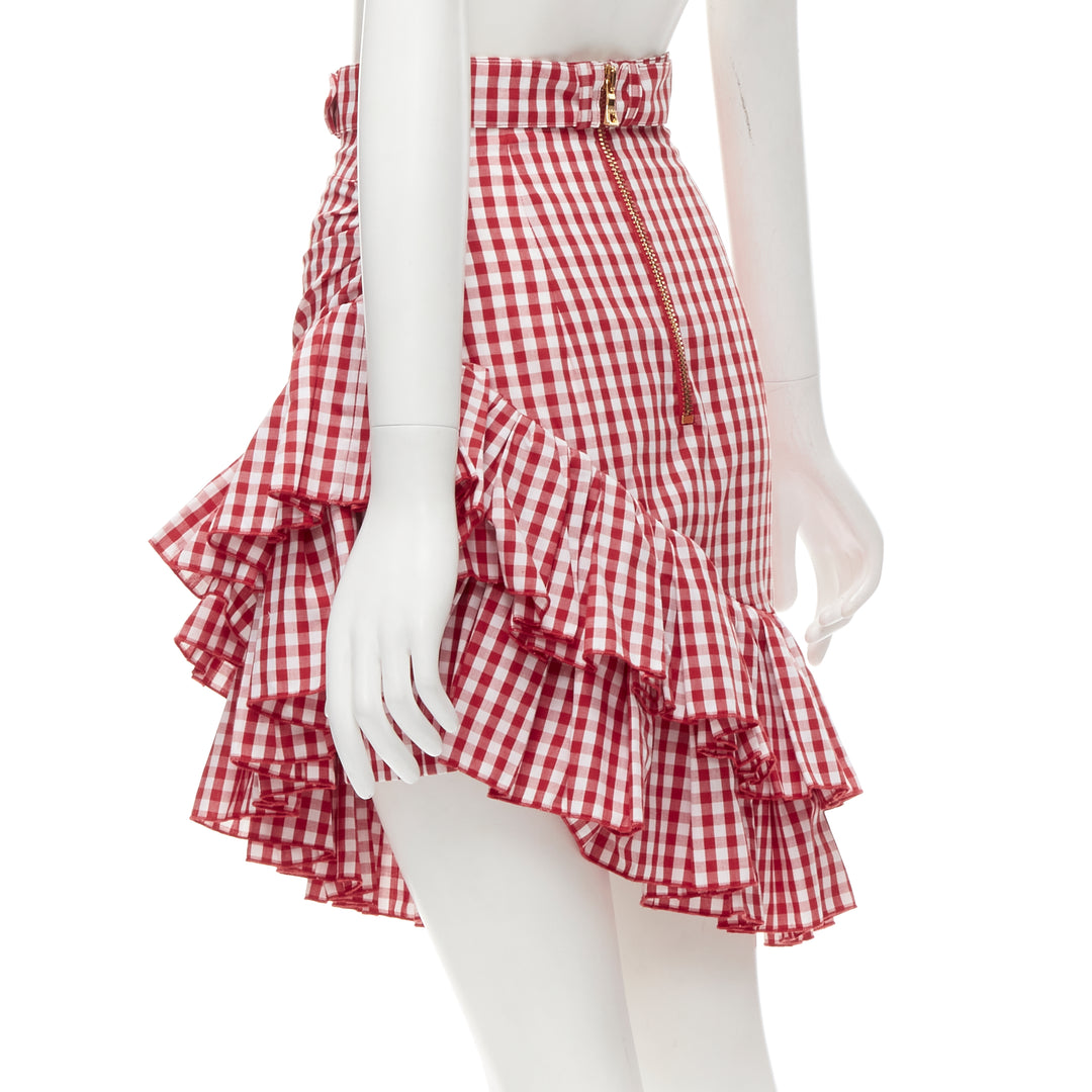 BALMAIN B logo buckle red white gingham ruffled cottage skirt FR34 XS