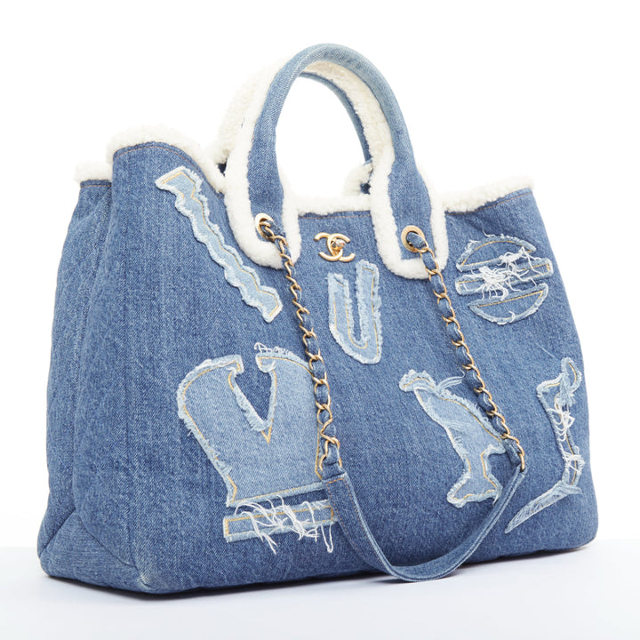 CHANEL 2019 Runway Paris-Egypt Deauville Hieroglyph Shopping Tote denim blue