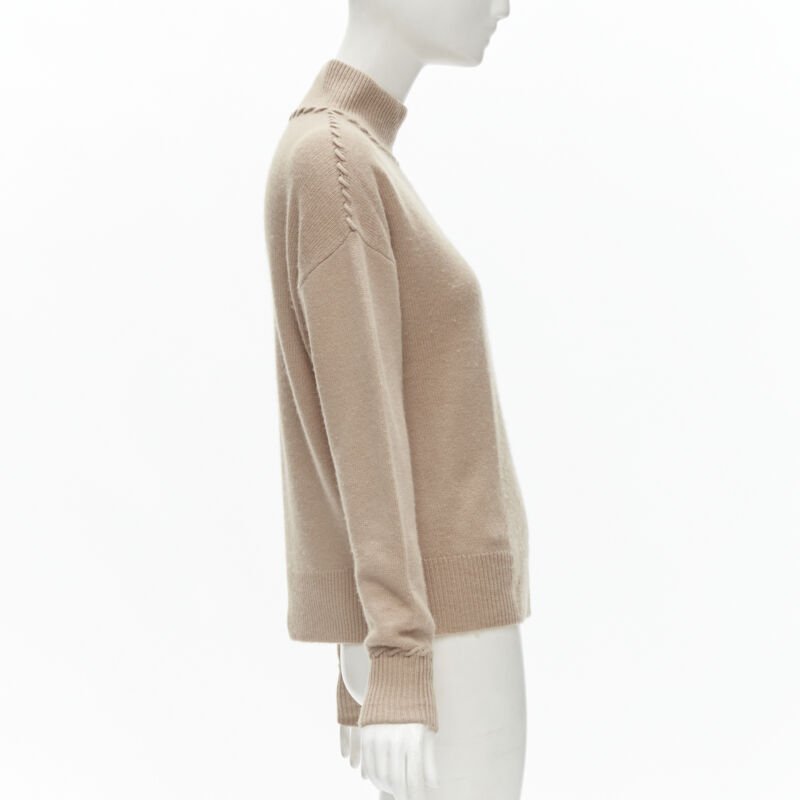 THEORY 100% cashmere light brown whipstitch detail dropped shoulder turtleneck S