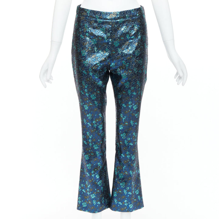 PRADA metallic blue green floral lurex brocade crop pants trousers IT38 XS