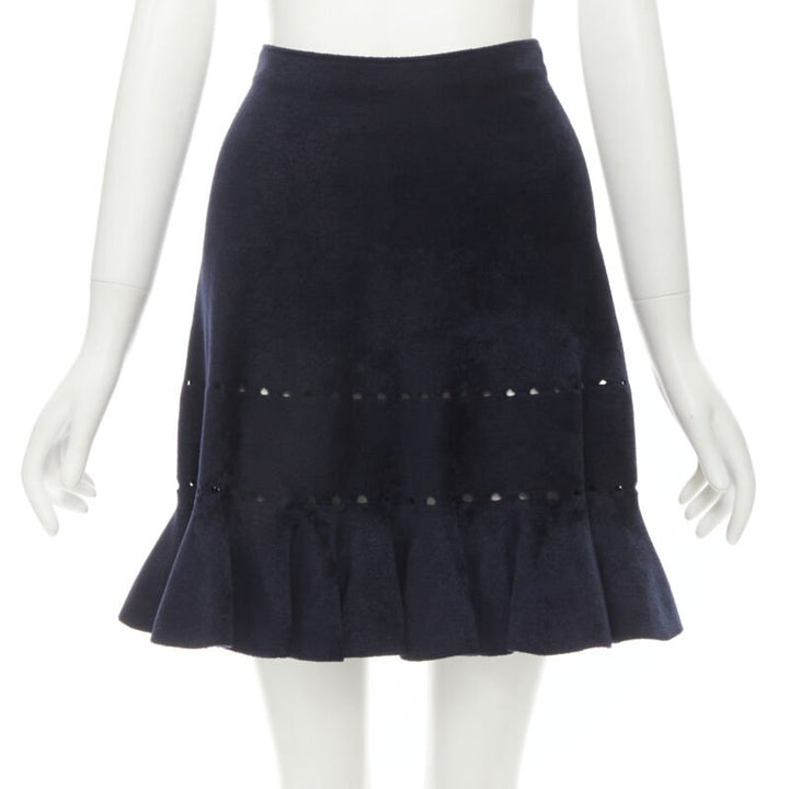 Female mannequin wearing Alaia by Azzedine Alaia Black Velour Women Skirt in Size FR38 | Available at JHROP