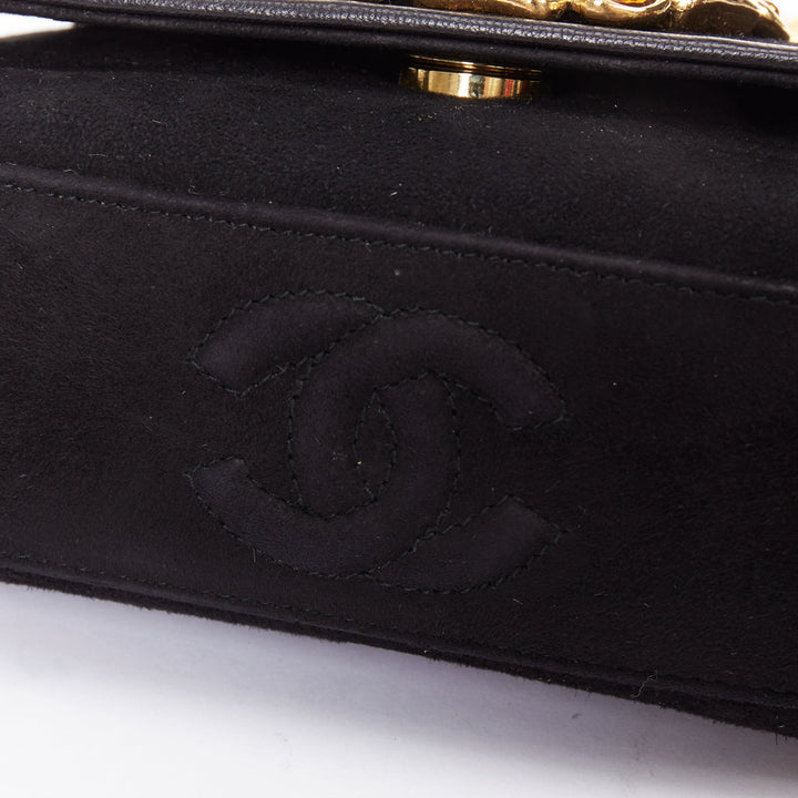 rare CHANEL 1990s Vintage black suede red Gripoix black gold chain crossbody bag
