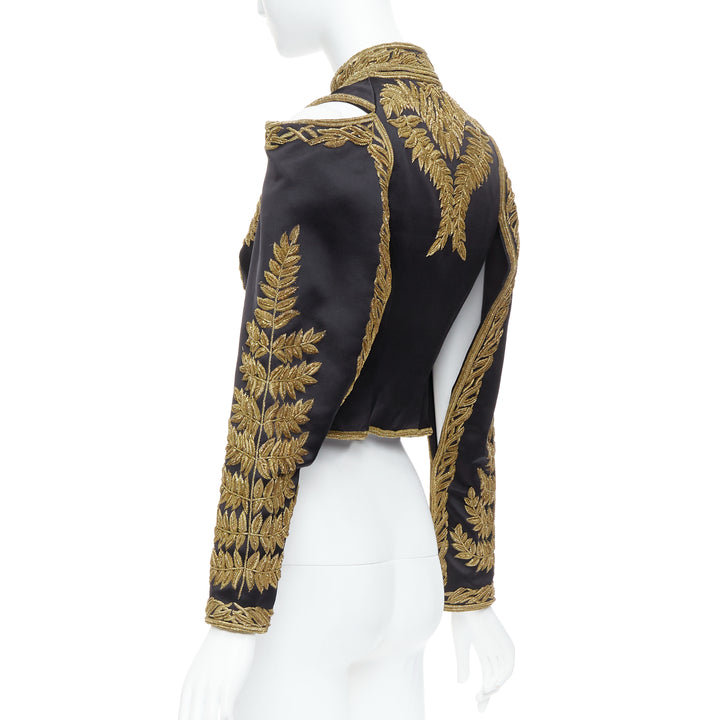 rare ALEXANDER MCQUEEN 2011 Runway gold foliage embroidery military IT38 XS