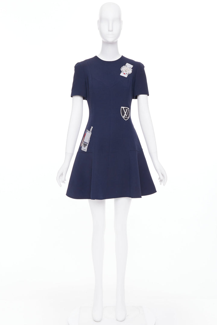 LOUIS VUITTON 2018 navy wool silk electronics embroidered patched dress FR38 M