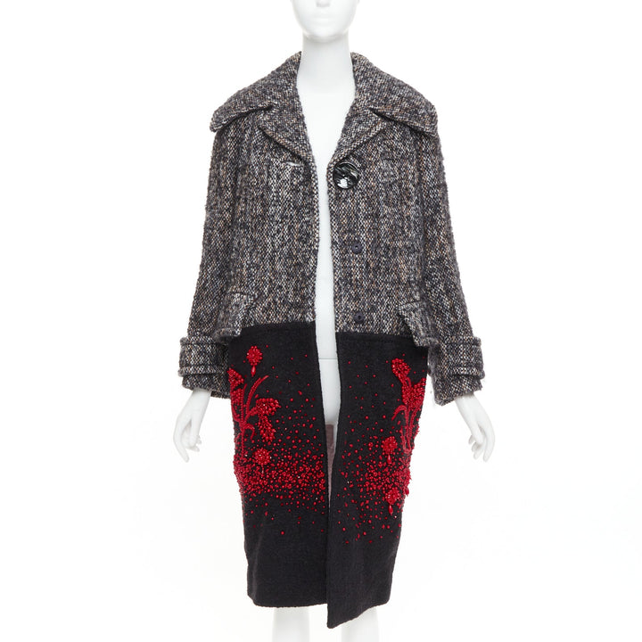 PRADA 2017 speckled wool tweed red bead embellishment hem long coat IT38 XS