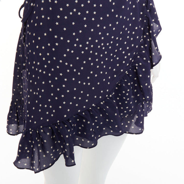 REALISATION Alexandra 100% silk navy white star print wrap tie mini dress S