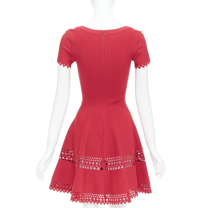 ALAIA red laser cut out cap sleeves wide round neck fit flared dress FR38 M