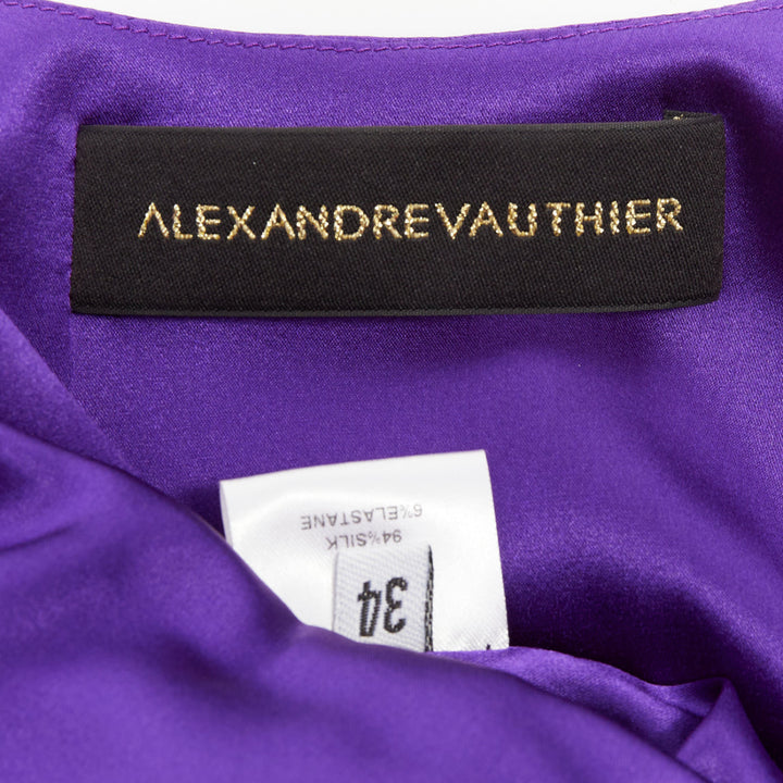 ALEXANDRE VAUTHIER crystal buckle draped purple silk satin mini dress FR34 XS