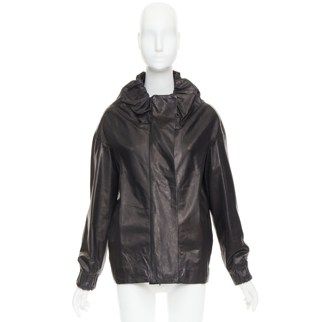 MARNI black lamb leather gathered collar zip up oversized jacket IT42 M