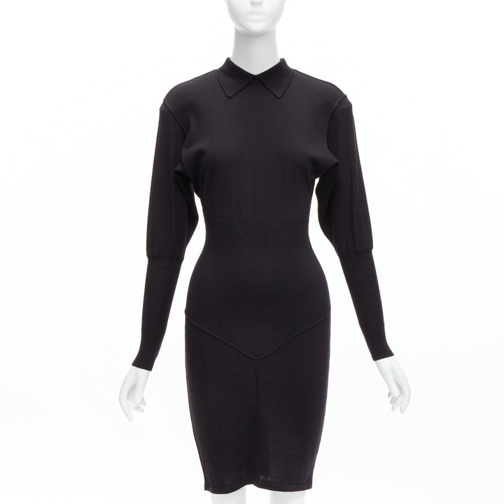 AZZEDINE ALAIA Vintage black wool collared long sleeve bodycon dress FR40 M